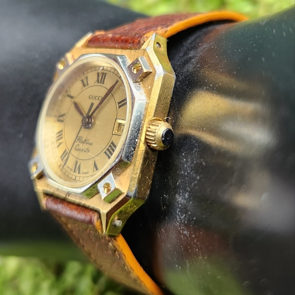 80s GUCCI Wrist Clock Roman Numeral Brown Leather Band Silver Gold Octagon Watch - Picture 11 of 16